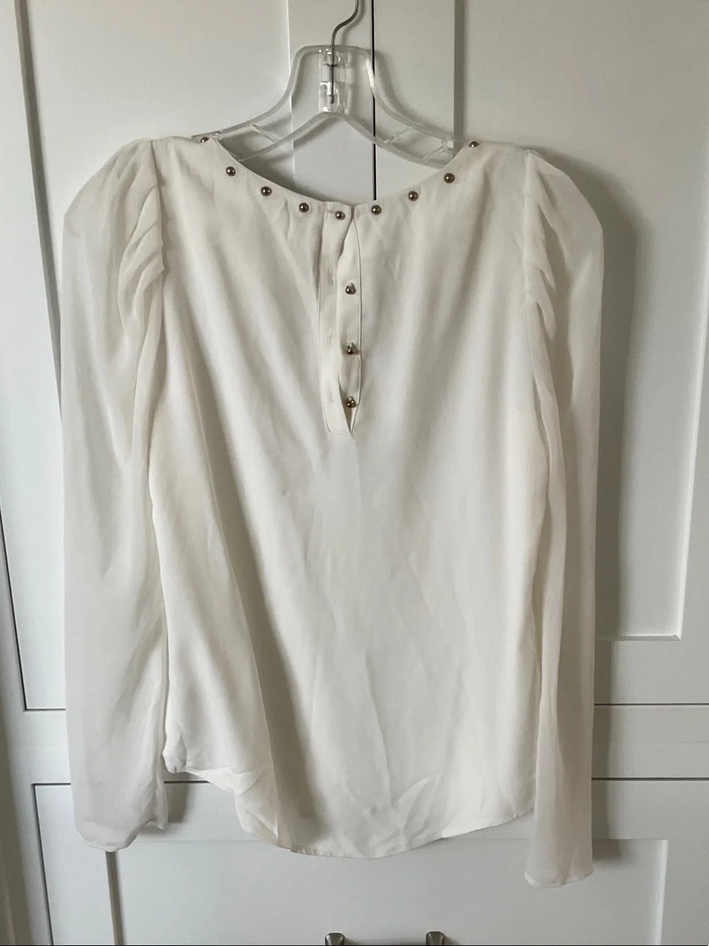Zara Cream White Long-Sleeve Blouse with Studded Neckline